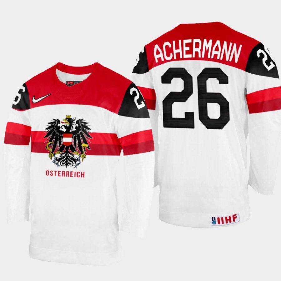 austria hockey oliver achermann 2022 iihf world championship home jersey white