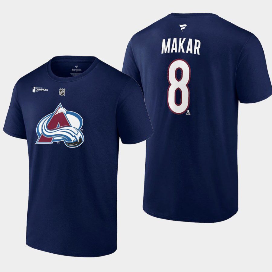 avalanche cale makar navy authentic stack 2022 stanley cup champions t shirt