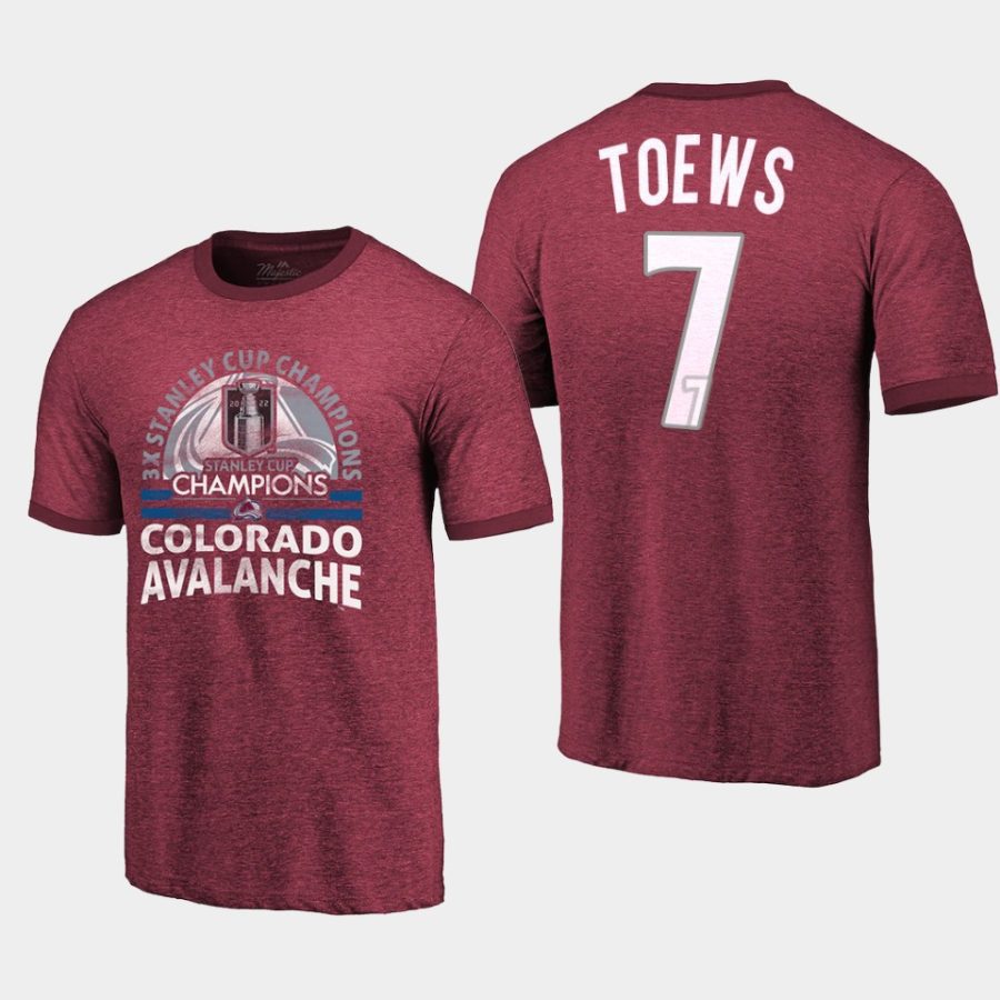 avalanche devon toews burgundy ringers 3 time stanley cup champs t shirt