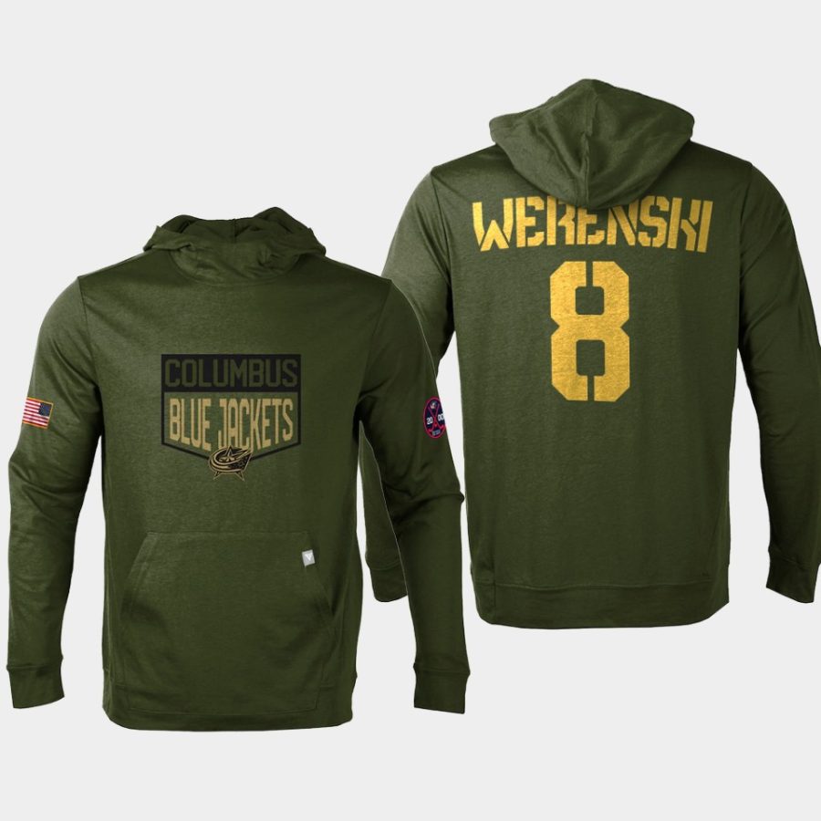 blue jackets zach werenski olive 2022 salute to service levelwear hoodie