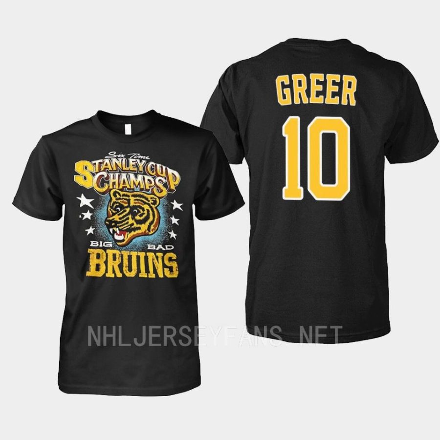 bruins a.j. greer black throwback 6x stanley cup champs t shirt