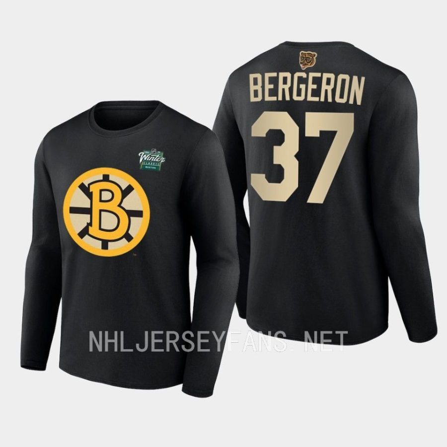 bruins patrice bergeron black 2023 winter classic primary logo long sleeve t shirt