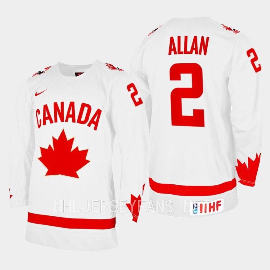 canada hockey nolan allan 2023 iihf wjc one leaf jersey white