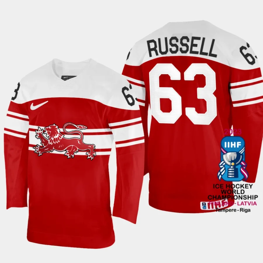 denmark hcokey patrick russell 2023 iihf world championship away jersey red