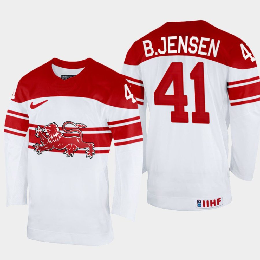 denmark hockey jesper b. jensen 2022 iihf world championship home jersey white