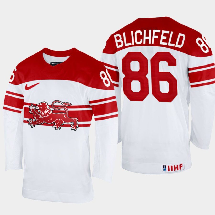 denmark hockey joachim blichfeld 2022 iihf world championship home jersey white