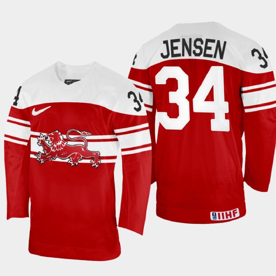 denmark hockey morten jensen 2022 iihf world championship away jersey red