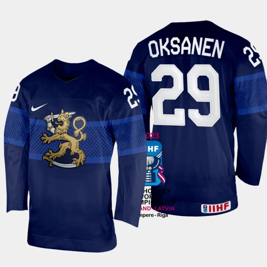 finland hockey ahti oksanen 2023 iihf world championship men away jersey navy