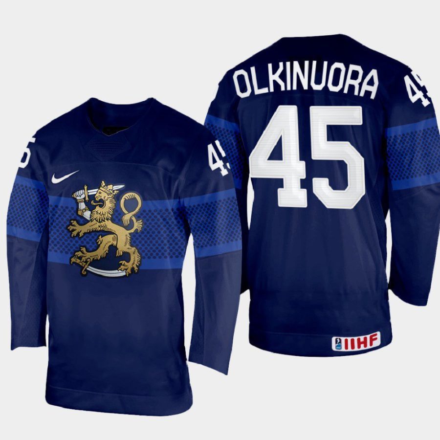 finland hockey juho olkinuora 2022 iihf world championship away jersey navy