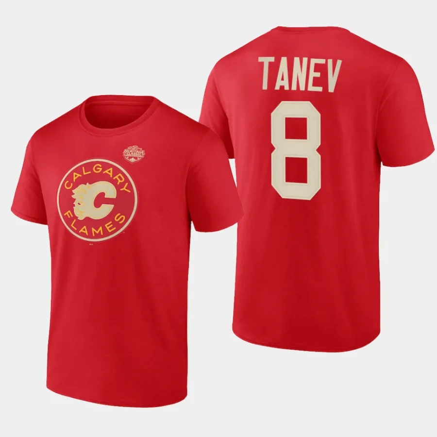 flames christopher tanev red 2023 nhl heritage classic primary logo t shirt