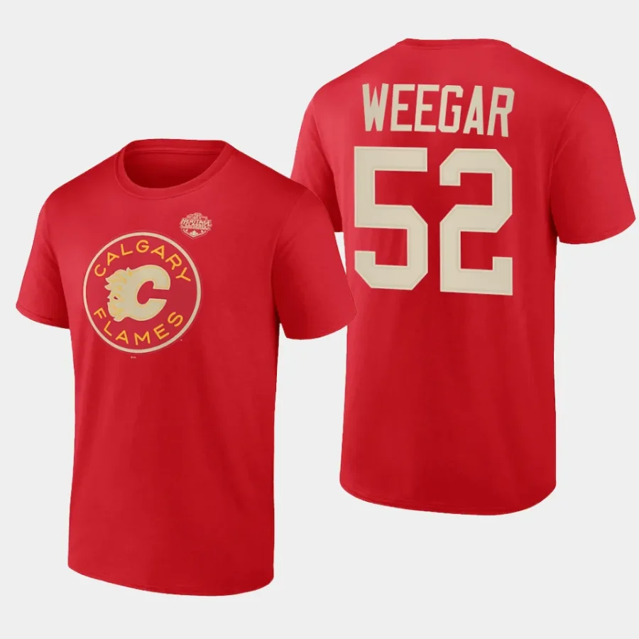 flames mackenzie weegar red 2023 nhl heritage classic primary logo t shirt