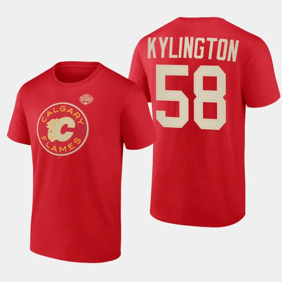 flames oliver kylington red 2023 nhl heritage classic primary logo t shirt