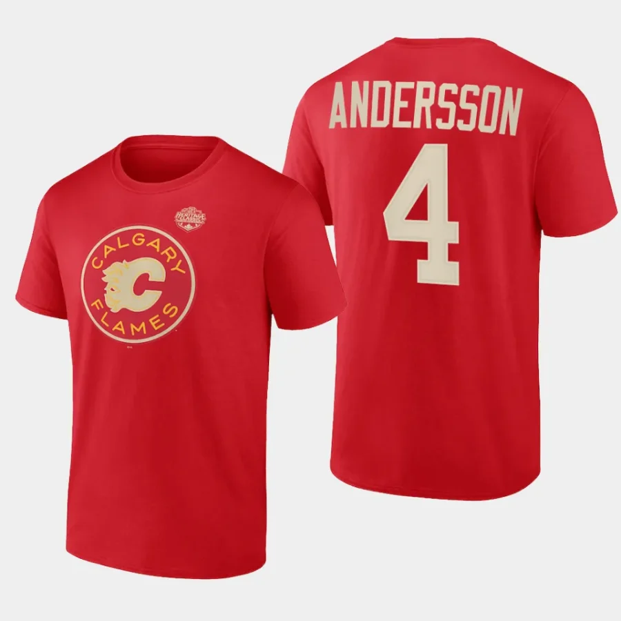 flames rasmus andersson red 2023 nhl heritage classic primary logo t shirt