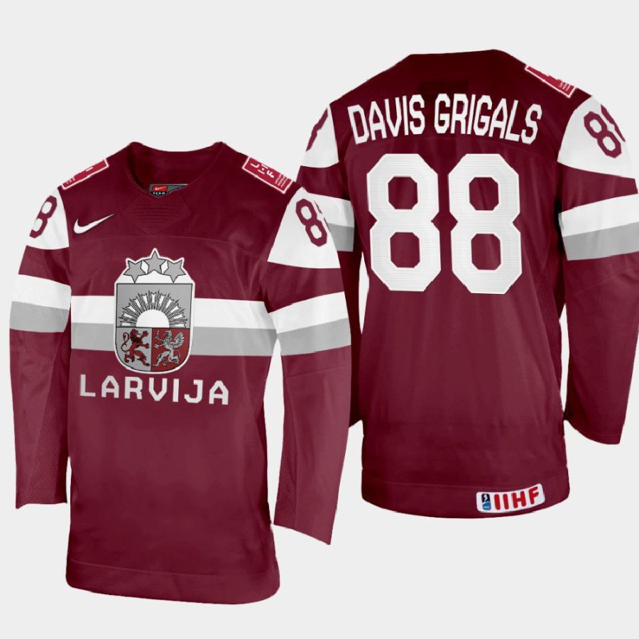 latvia hockey gustavs davis grigals 2022 iihf world championship away jersey maroon