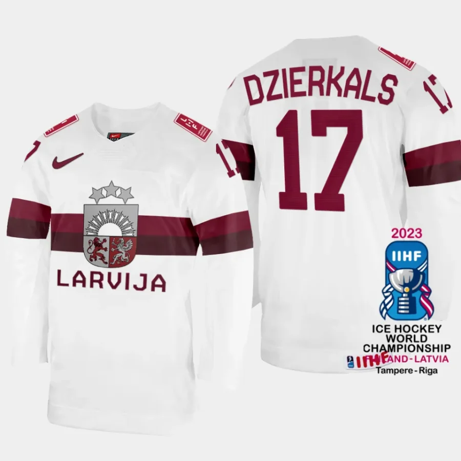 latvia hockey martins dzierkals 2023 iihf world championship home jersey white