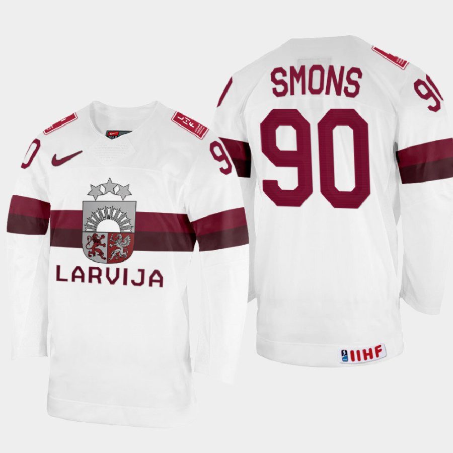 latvia hockey sandis smons 2022 iihf world championship home jersey white