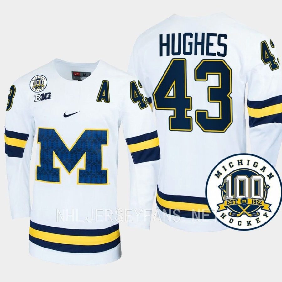 luke hughes michigan wolverines white 100th anniversary hockey jersey