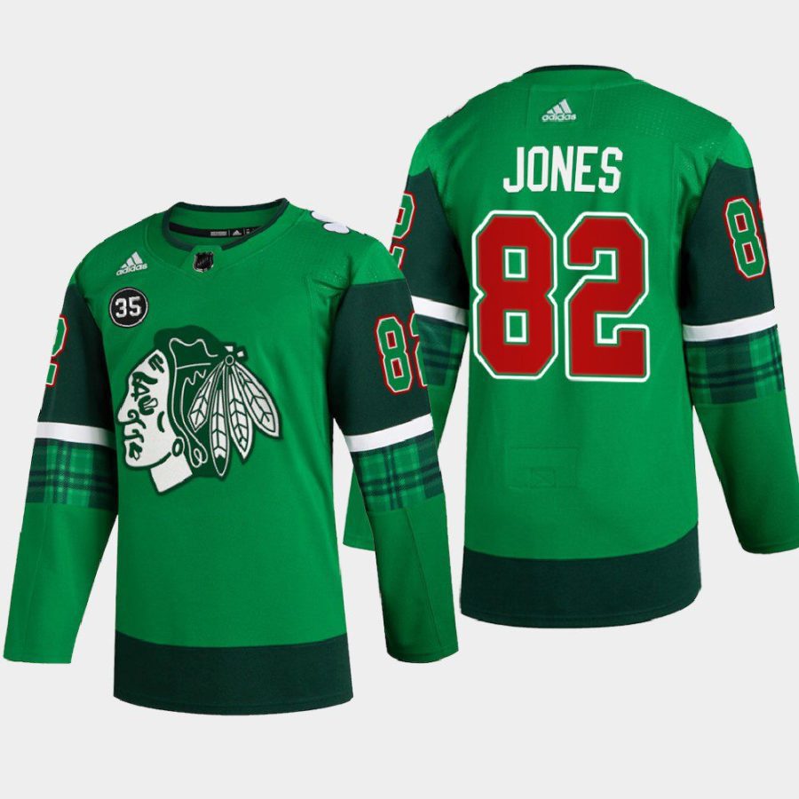 men blackhawks caleb jones warm up st. patricks day 2022 green jersey