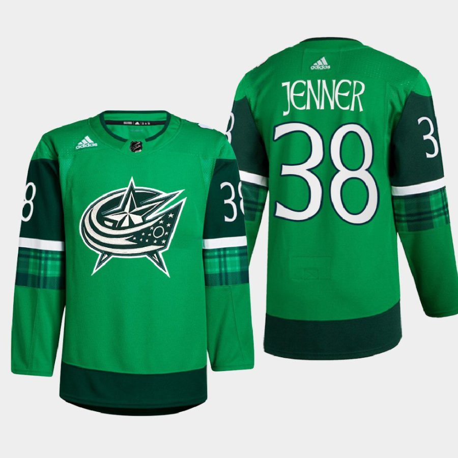 men blue jackets boone jenner warm up st. patricks day 2022 green jersey