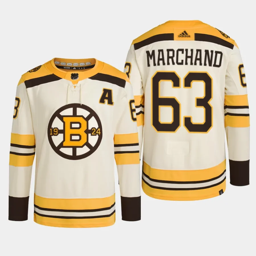 men bruins brad marchand 2023 24 primegreen 100th anniversary authentic player cream jersey