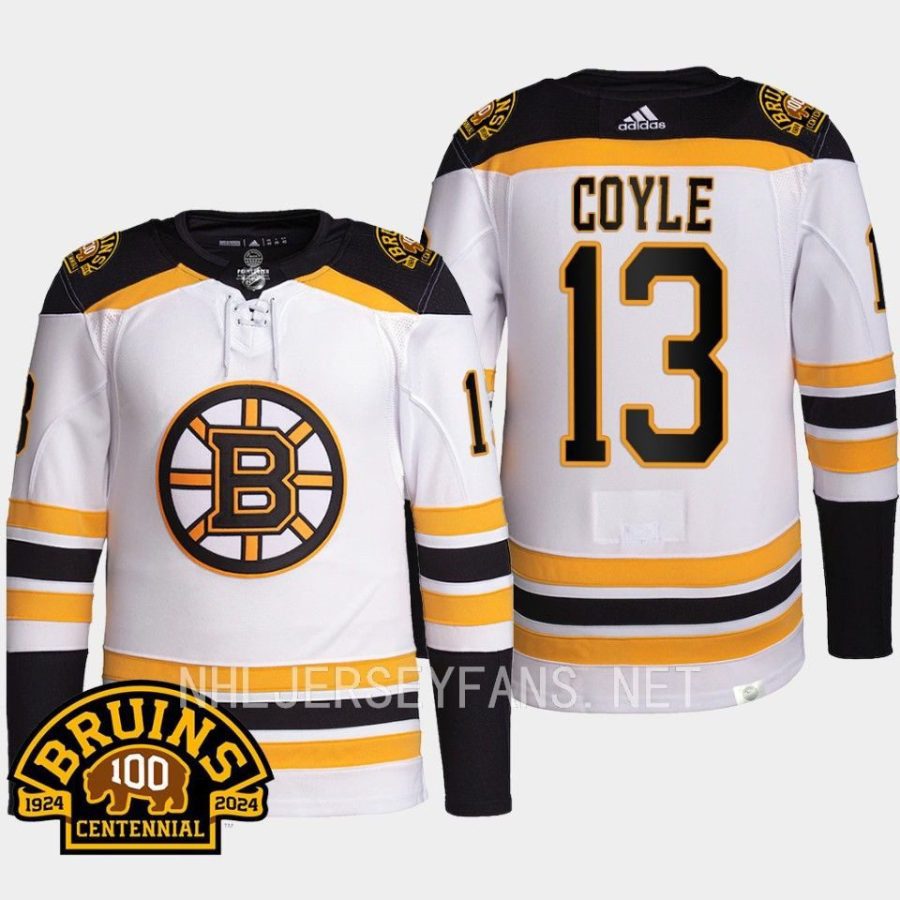 men bruins charlie coyle 2023 24 authentic pro 100th centennial white jersey