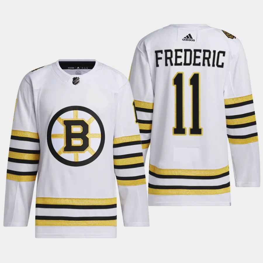 men bruins trent frederic 2023 24 primegreen 100th anniversary authentic player white jersey