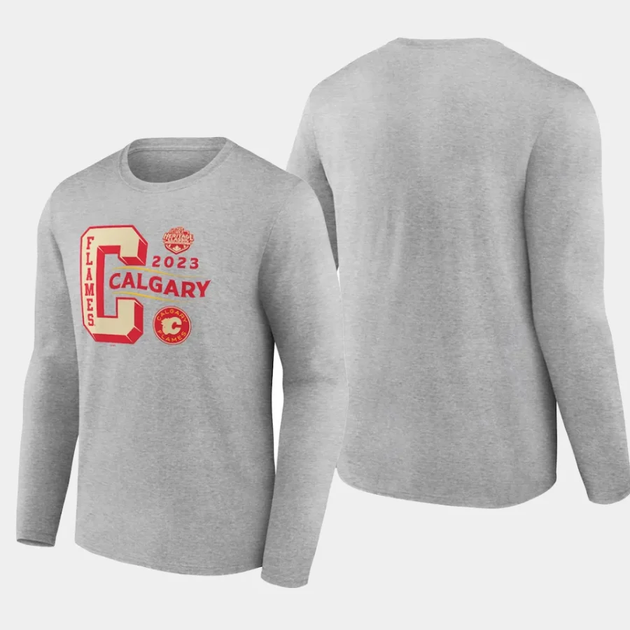 men calgary flames 2023 nhl heritage classic gray long sleeve wordmark t shirt