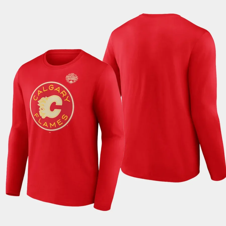 men calgary flames 2023 nhl heritage classic red long sleeve primary logo t shirt