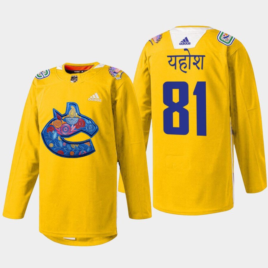 men canucks dakota joshua 2022 warmup diwali night yellow jersey