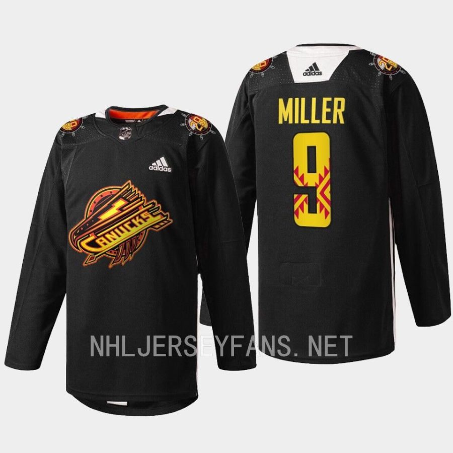 men canucks j.t. miller 2023 warm up first nations celebration black jersey