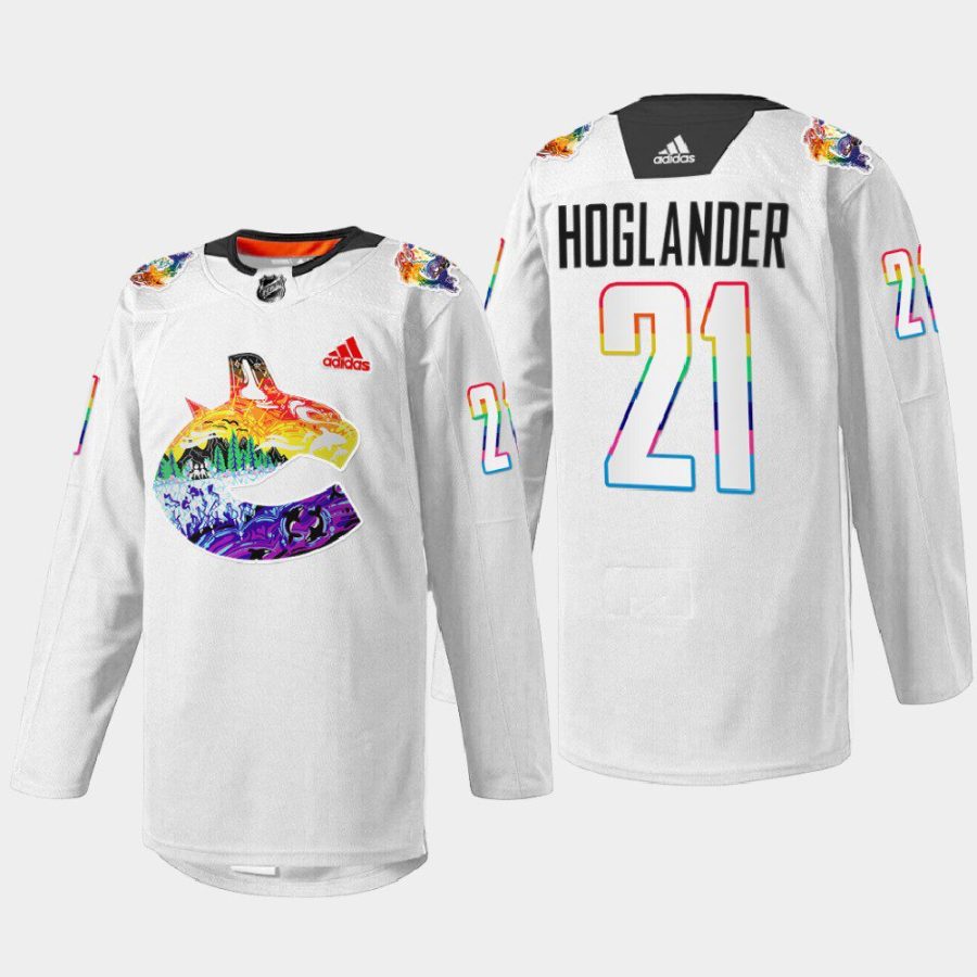 men canucks nils hoglander 2022 mio artwork warmup pride night white jersey