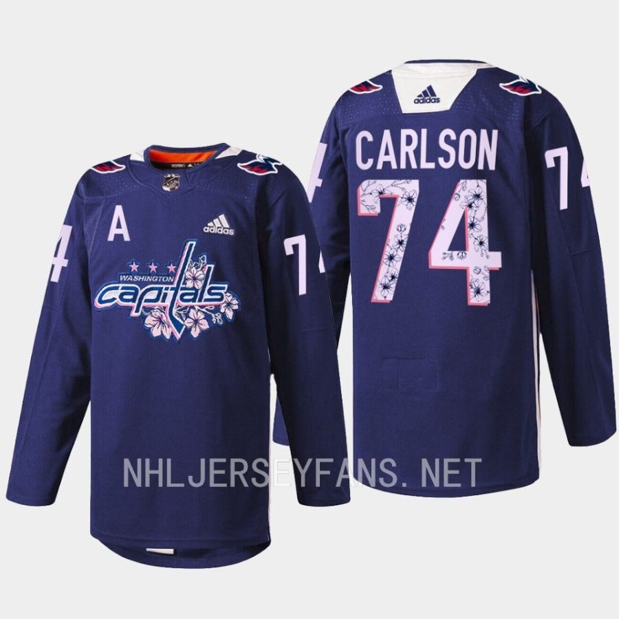 men capitals john carlson 2023 warmup cherry blossom navy jersey