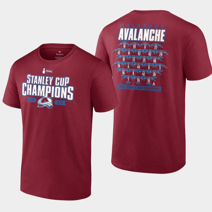 men colorado avalanche 2022 stanley cup champions burgundy jersey roster t shirt