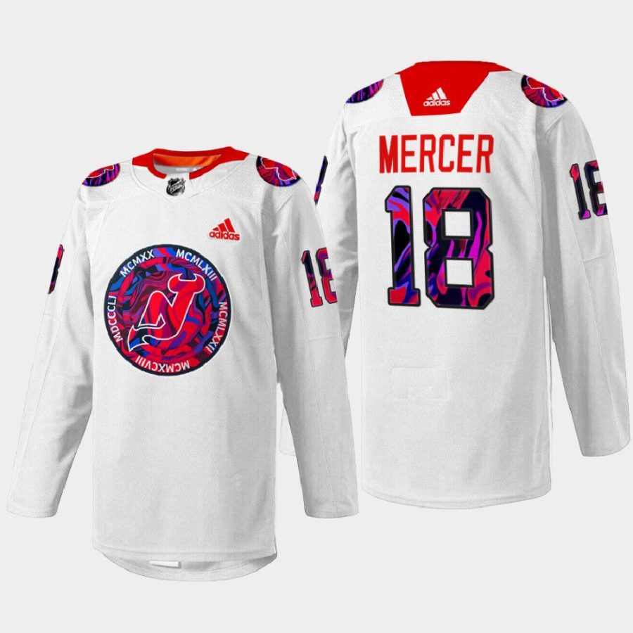 men devils dawson mercer 2022 warm up gender equality night white jersey