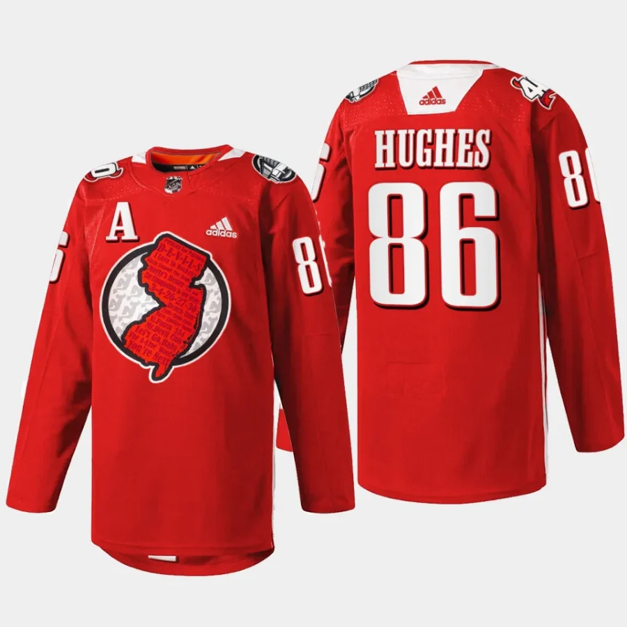 men devils jack hughes warm up 2023 fan appreciation red jersey