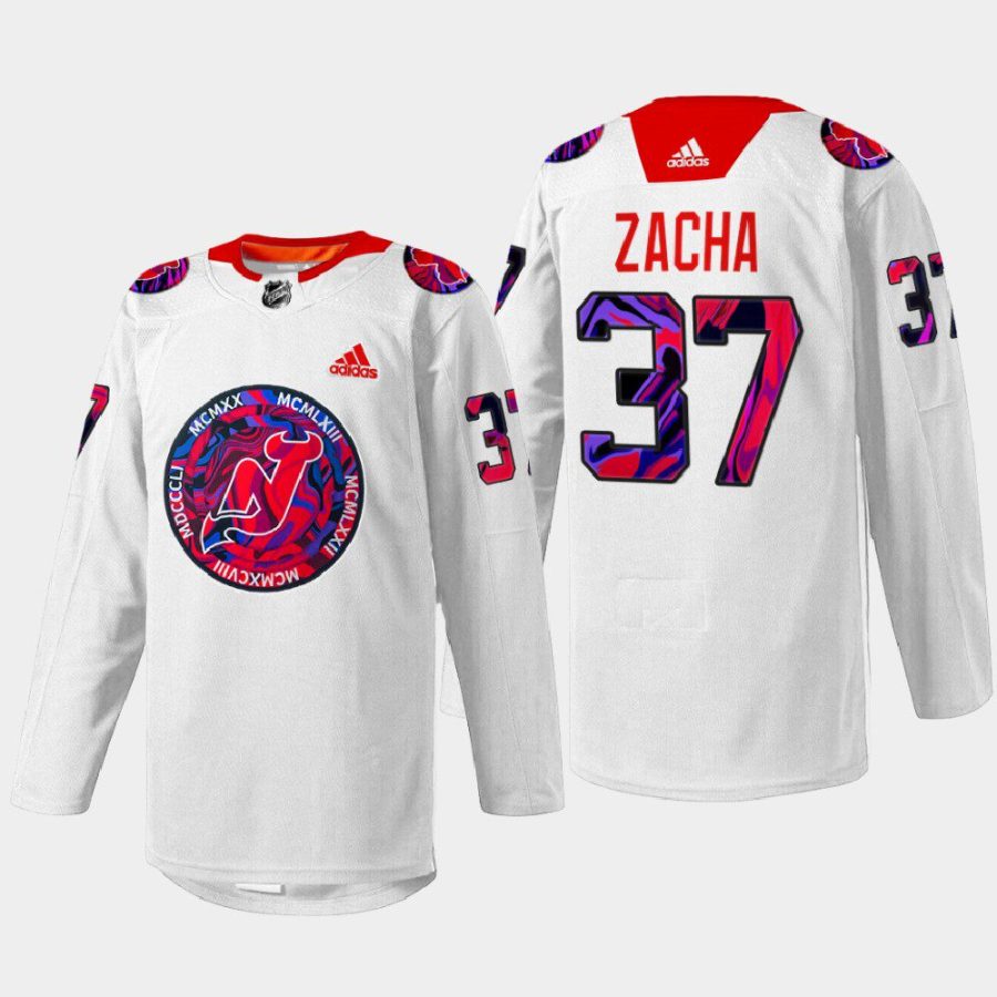 men devils pavel zacha 2022 warm up gender equality night white jersey