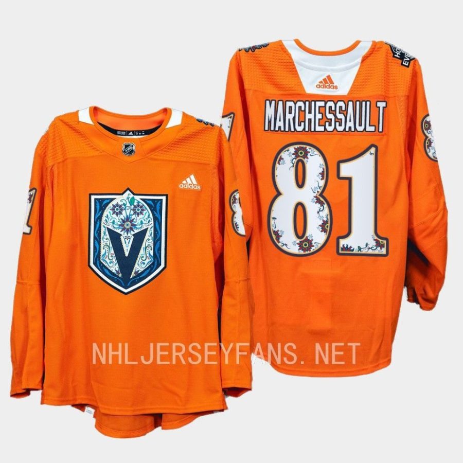 men golden knights jonathan marchessault 2022 warmups hispanic heritage night orange jersey