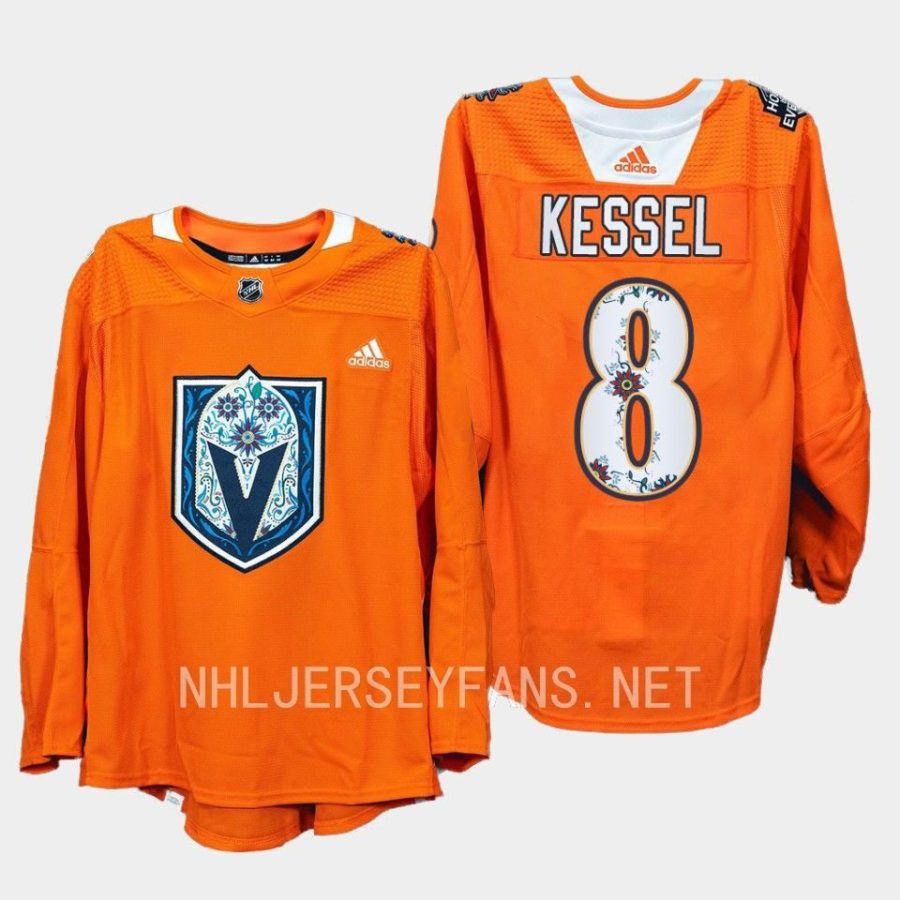 men golden knights phil kessel 2022 warmups hispanic heritage night orange jersey