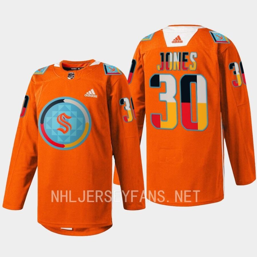 men kraken martin jones 2022 warmup indigenous people night orange jersey