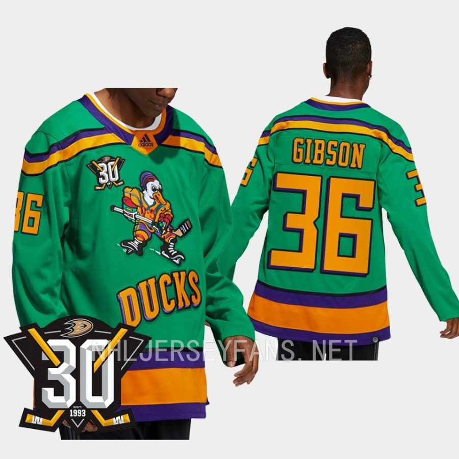 men mighty ducks john gibson throwback 30th anniversary 2023 24 green jersey