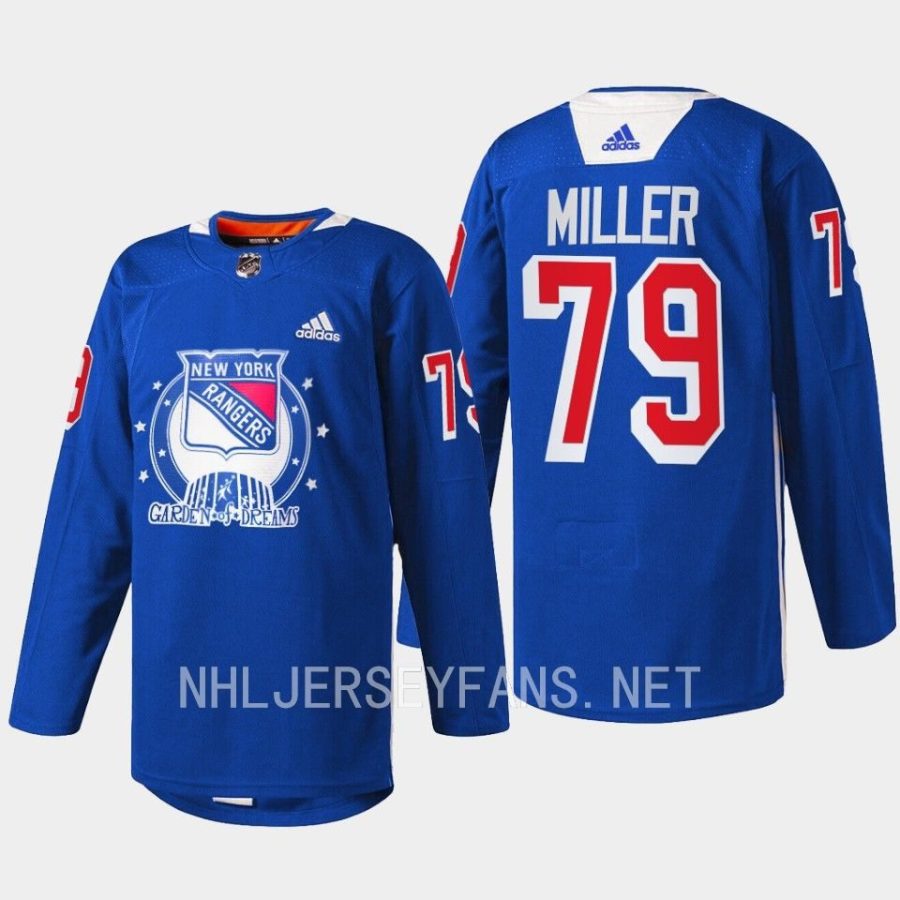 men rangers kandre miller warmups garden of dreams 2022 blue jersey