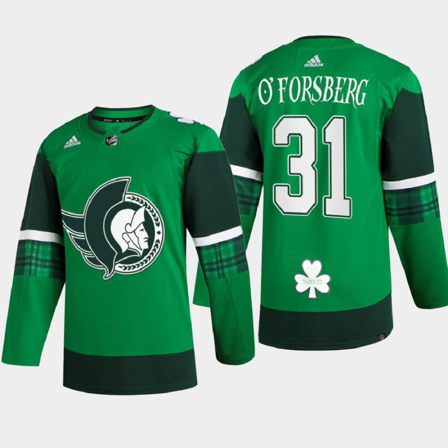 men senators anton forsberg 2022 warm up st. patrick green jersey