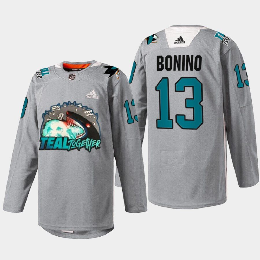 men sharks nick bonino teal togehter fan appreciation 2022 gray jersey