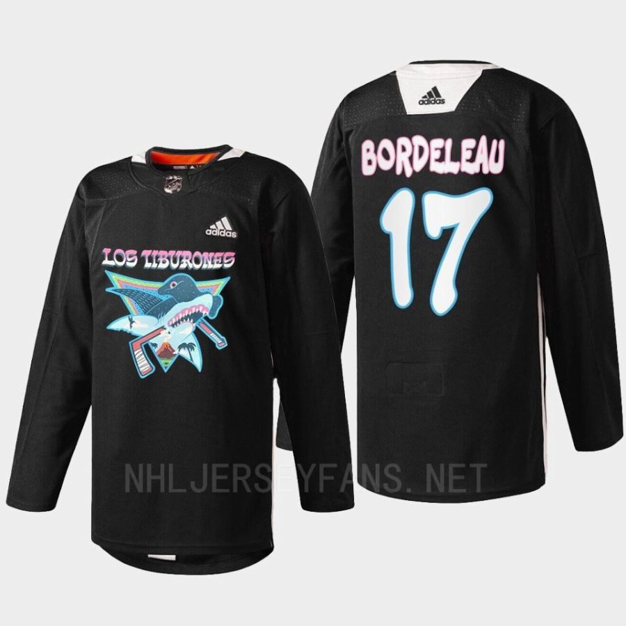 men sharks thomas bordeleau specialty warm up 2022 los tiburones black jersey