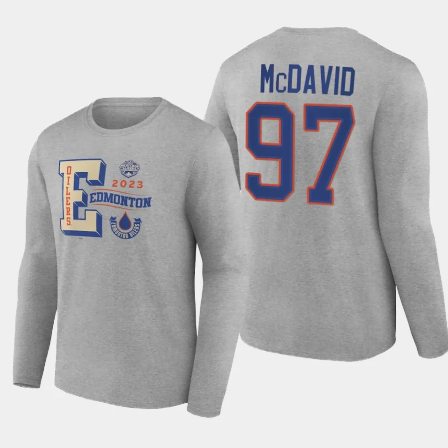 oilers connor mcdavid gray 2023 nhl heritage classic long sleeve wordmark t shirt