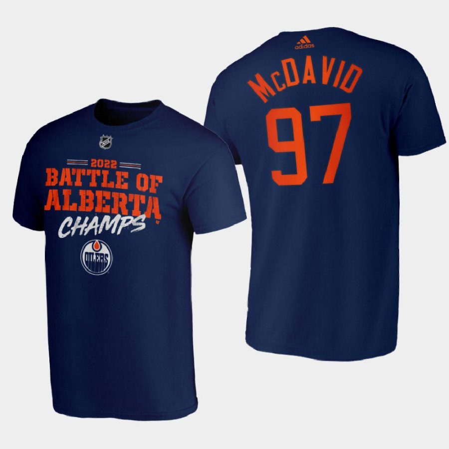 oilers connor mcdavid navy 2022 battle of alberta champs tee