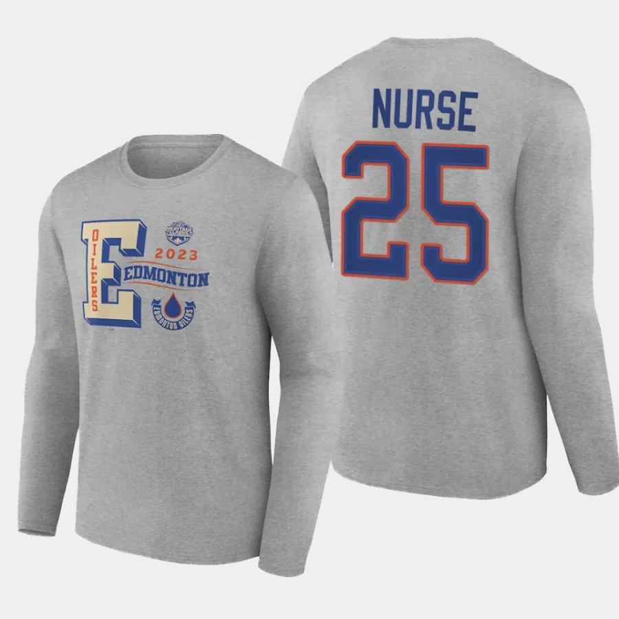 oilers darnell nurse gray 2023 nhl heritage classic long sleeve wordmark t shirt