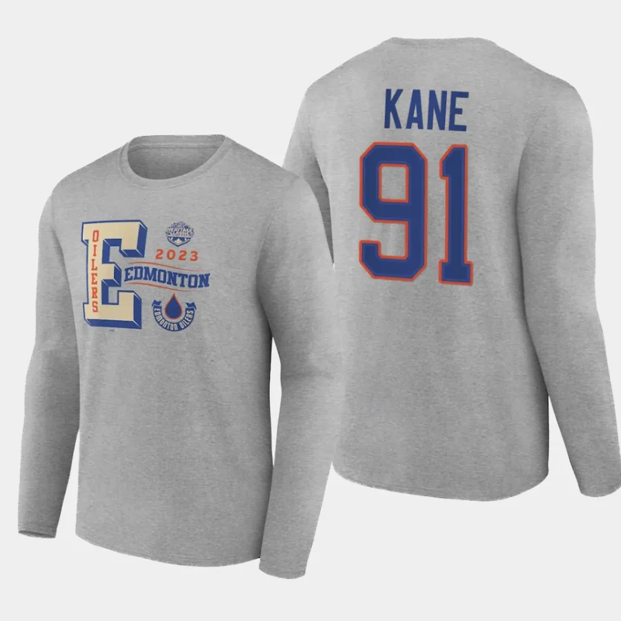 oilers evander kane gray 2023 nhl heritage classic long sleeve wordmark t shirt