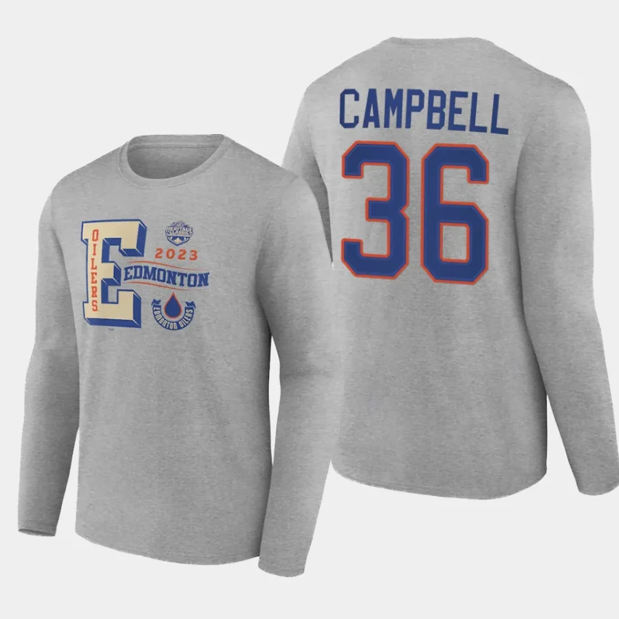 oilers jack campbell gray 2023 nhl heritage classic long sleeve wordmark t shirt