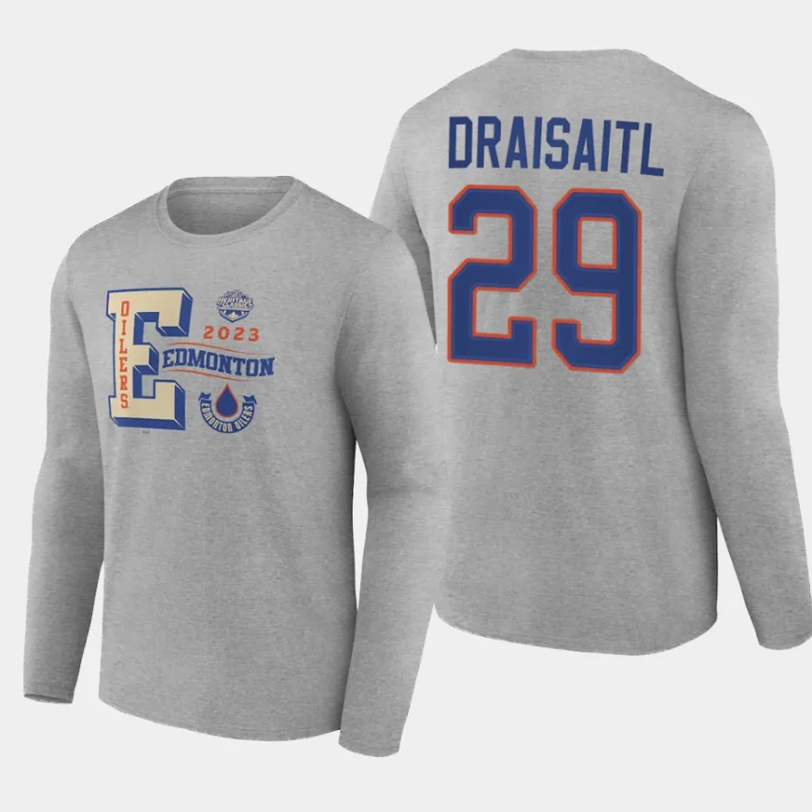 oilers leon draisaitl gray 2023 nhl heritage classic long sleeve wordmark t shirt